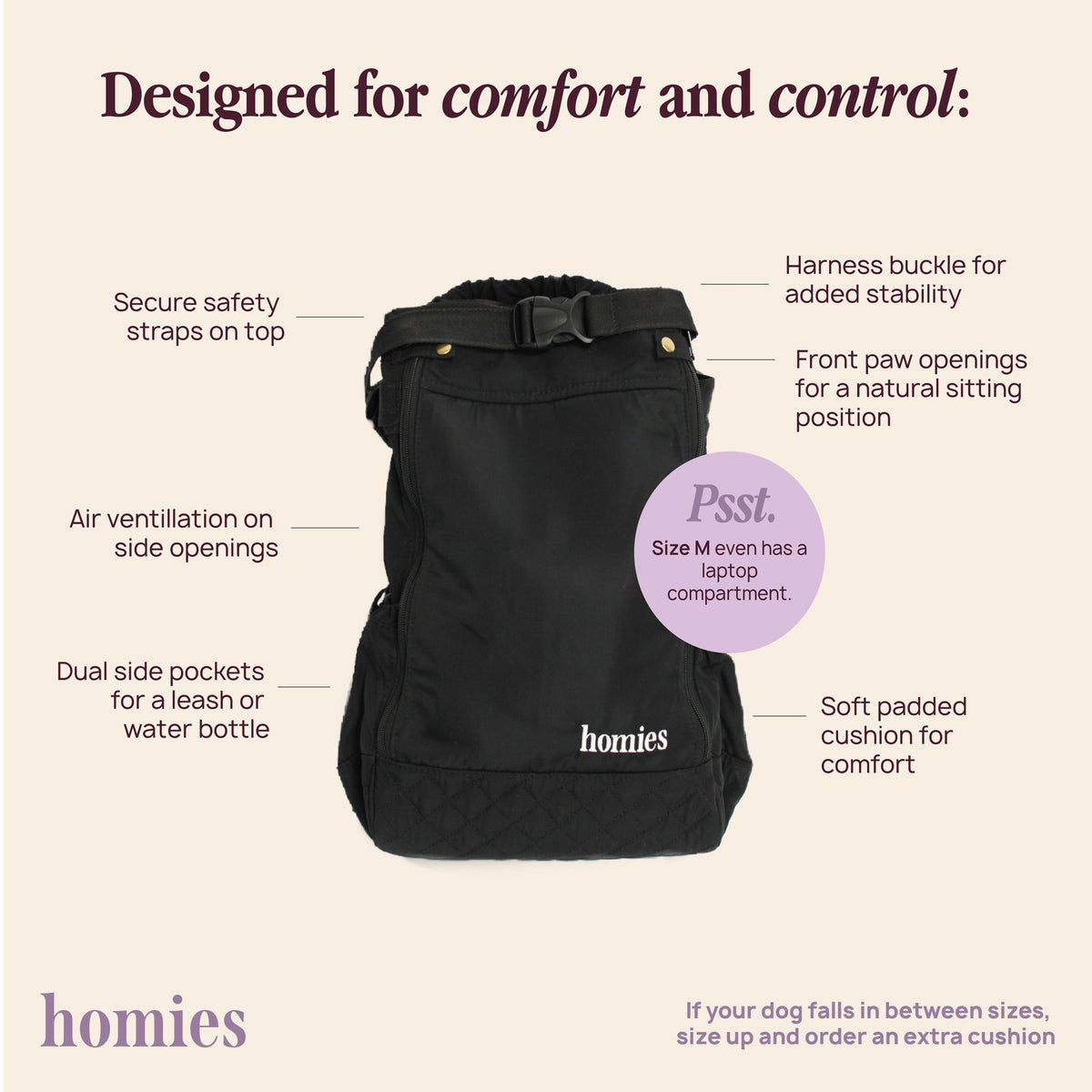 The black Homies dog carrier, designed for comfort and control
